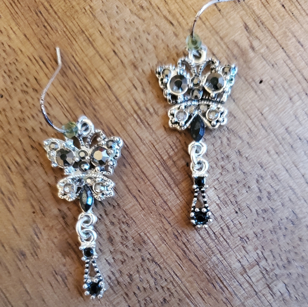 Elegant Butterfly Silvertone and Black Crown Earrings
